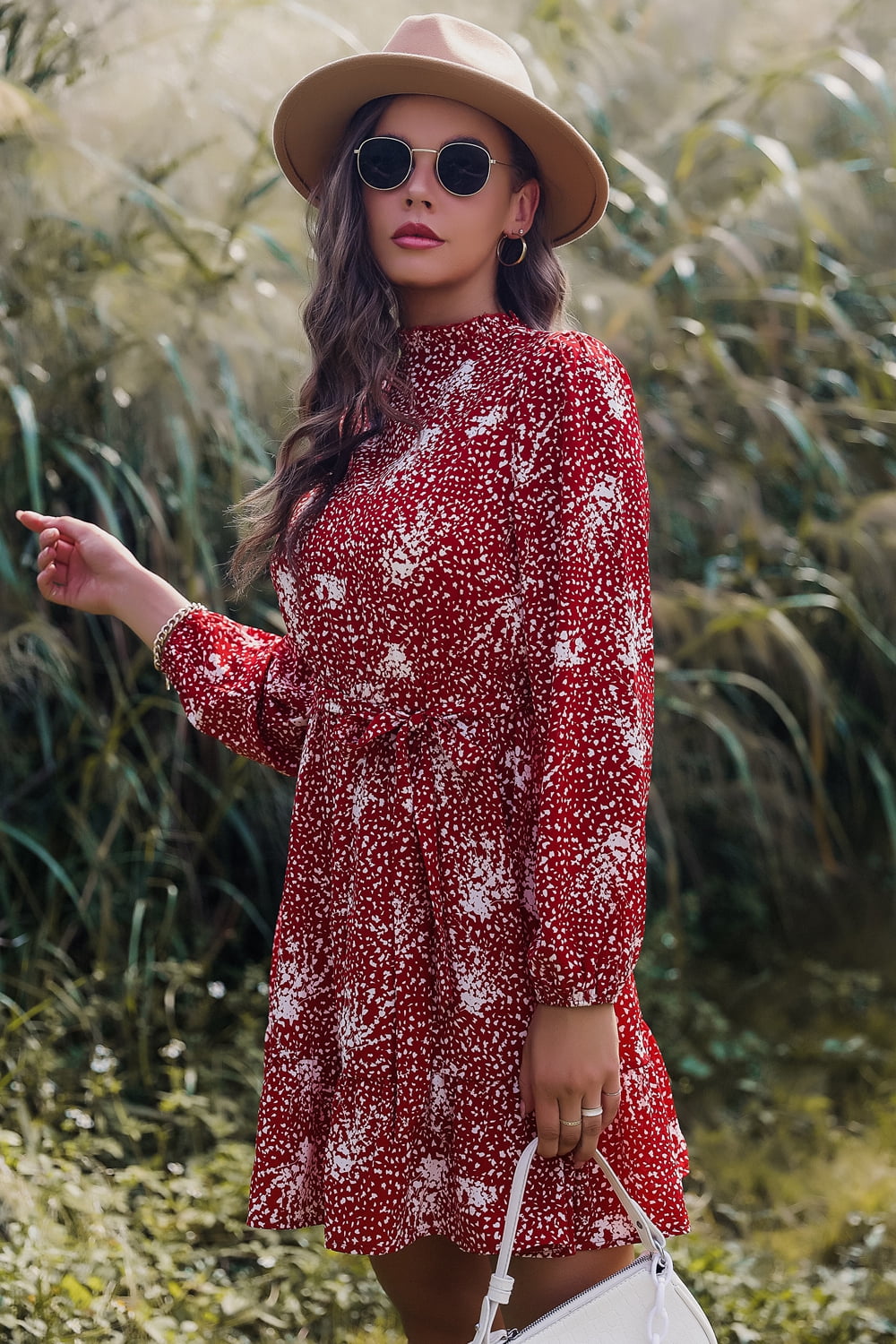 Printed Mock Neck Long Sleeve Tie Waist Mini Dress  Dresses- Doll Fits