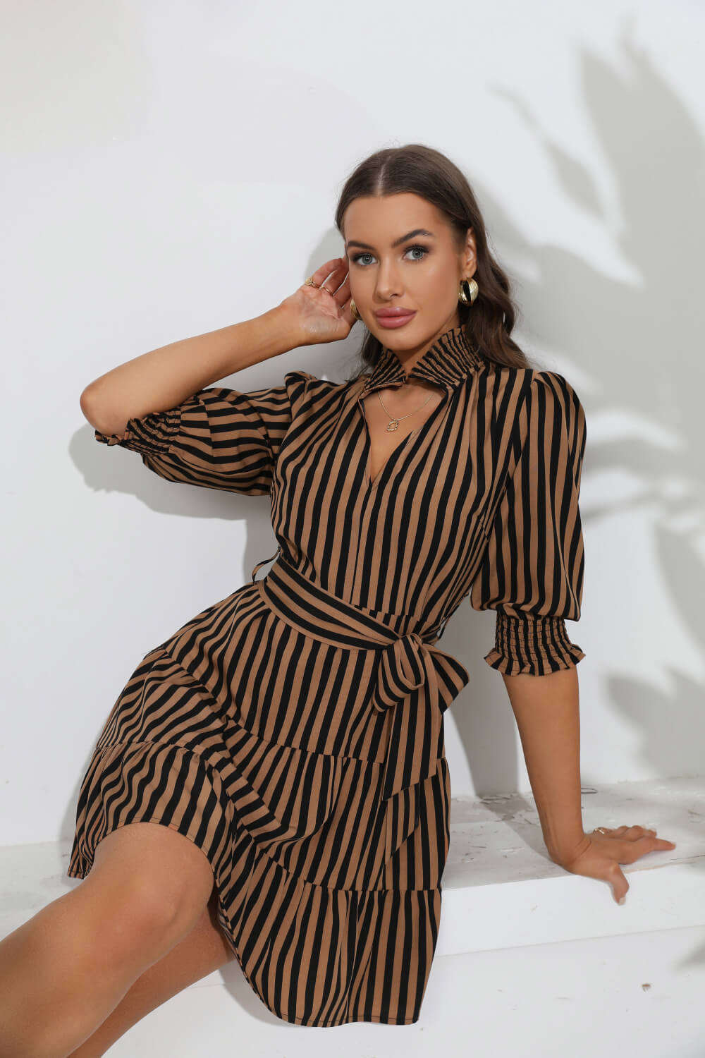 Striped Tie Belt Tiered Dress  Dresses- Doll Fits