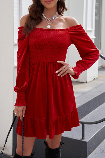Off-Shoulder Smocked Ruffle Hem Dress  Dresses- Doll Fits