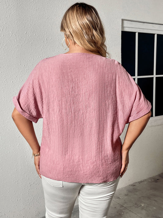 Plus Size Buttoned V-Neck Short Sleeve Blouse  Shirts & Tops- Doll Fits