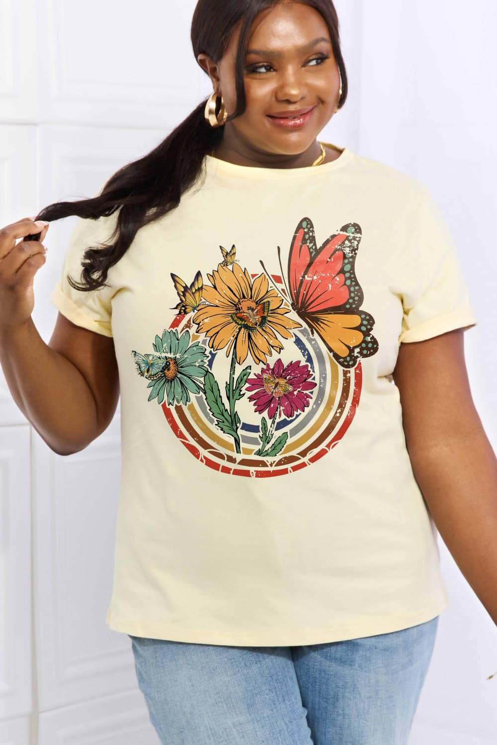 Simply Love Full Size Flower & Butterfly Graphic Cotton Tee  Shirts & Tops- Doll Fits