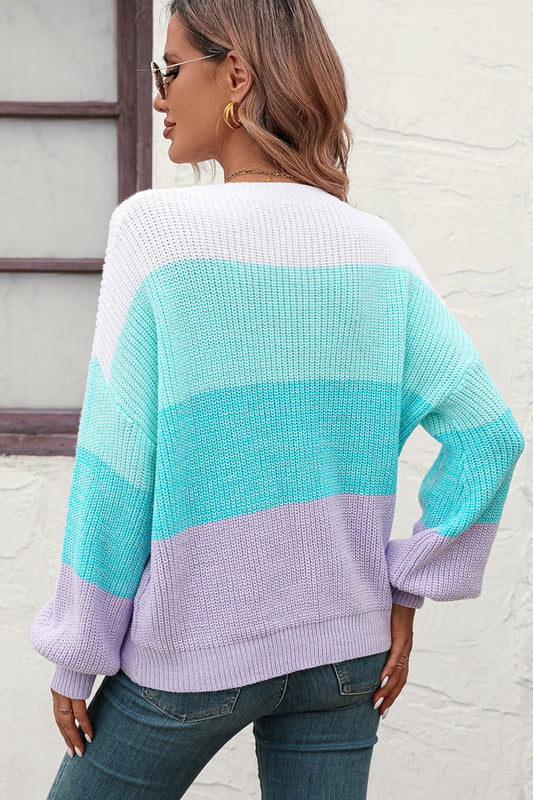 Round Neck Color Block Ribbed Pullover Sweater  Shirts & Tops- Doll Fits