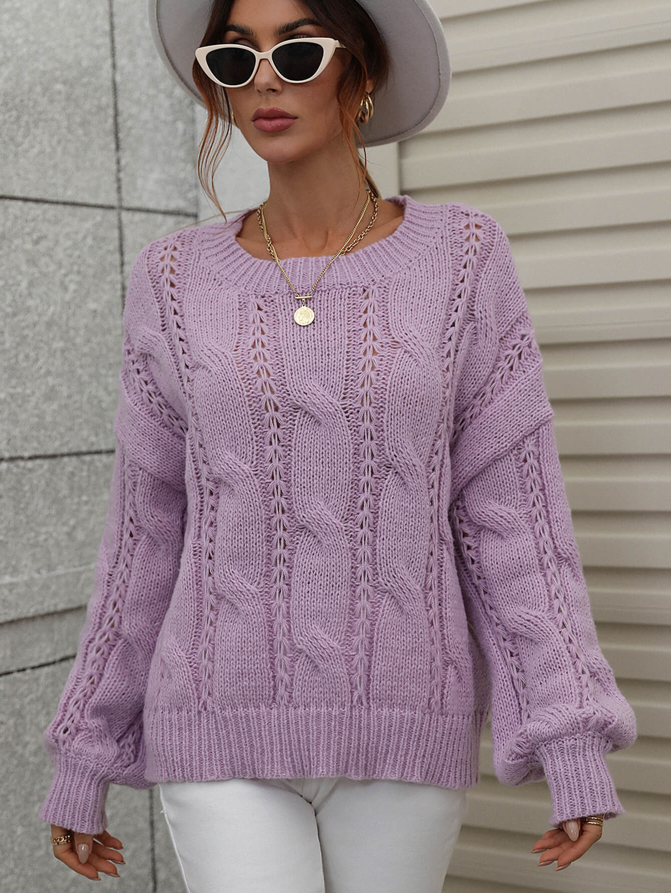 Cable-Knit Openwork Round Neck Sweater  Shirts & Tops- Doll Fits