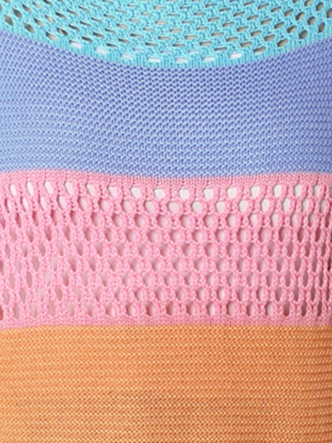 Color Block Openwork Round Neck Pullover Sweater  Shirts & Tops- Doll Fits