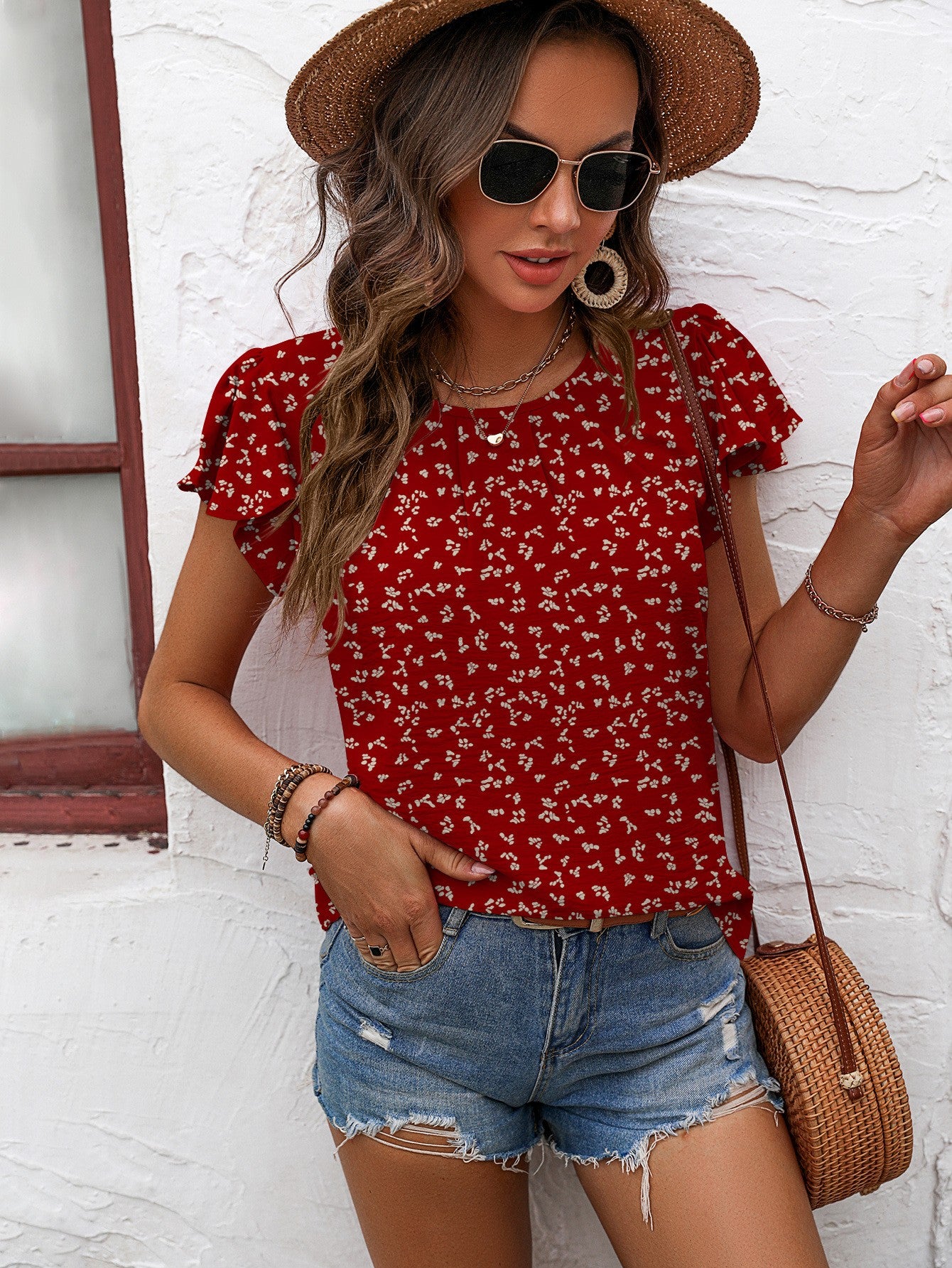 Textured Flutter Sleeve Blouse  Shirts & Tops- Doll Fits