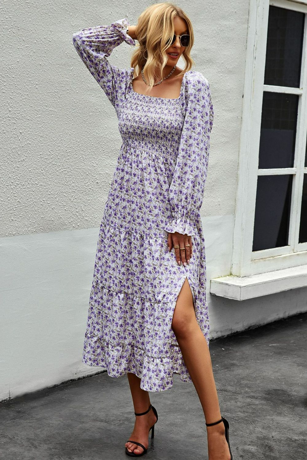 Floral Smocked Square Neck Slit Midi Dress  Dresses- Doll Fits
