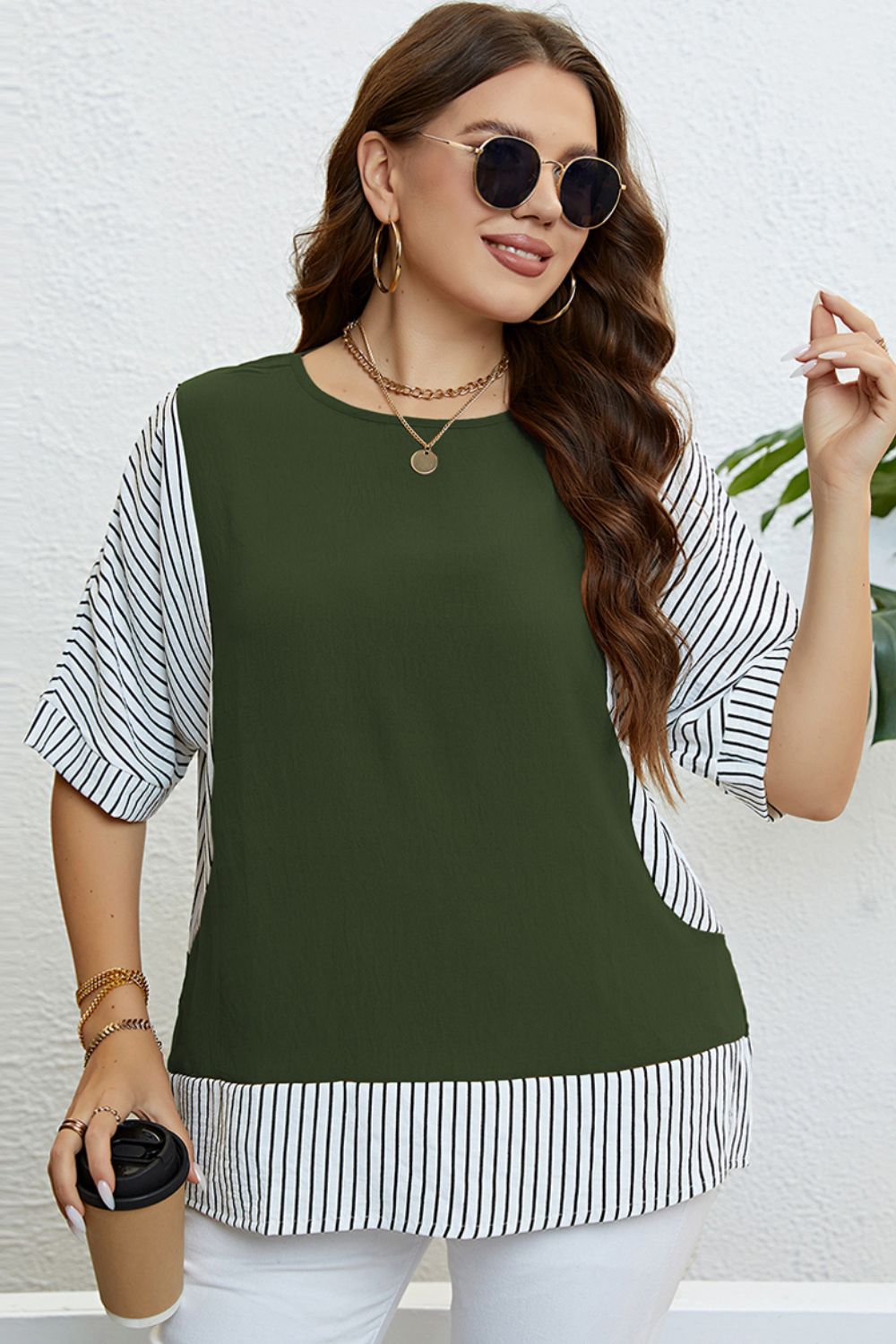 Plus Size Striped Round Neck Half Sleeve Top  Shirts & Tops- Doll Fits