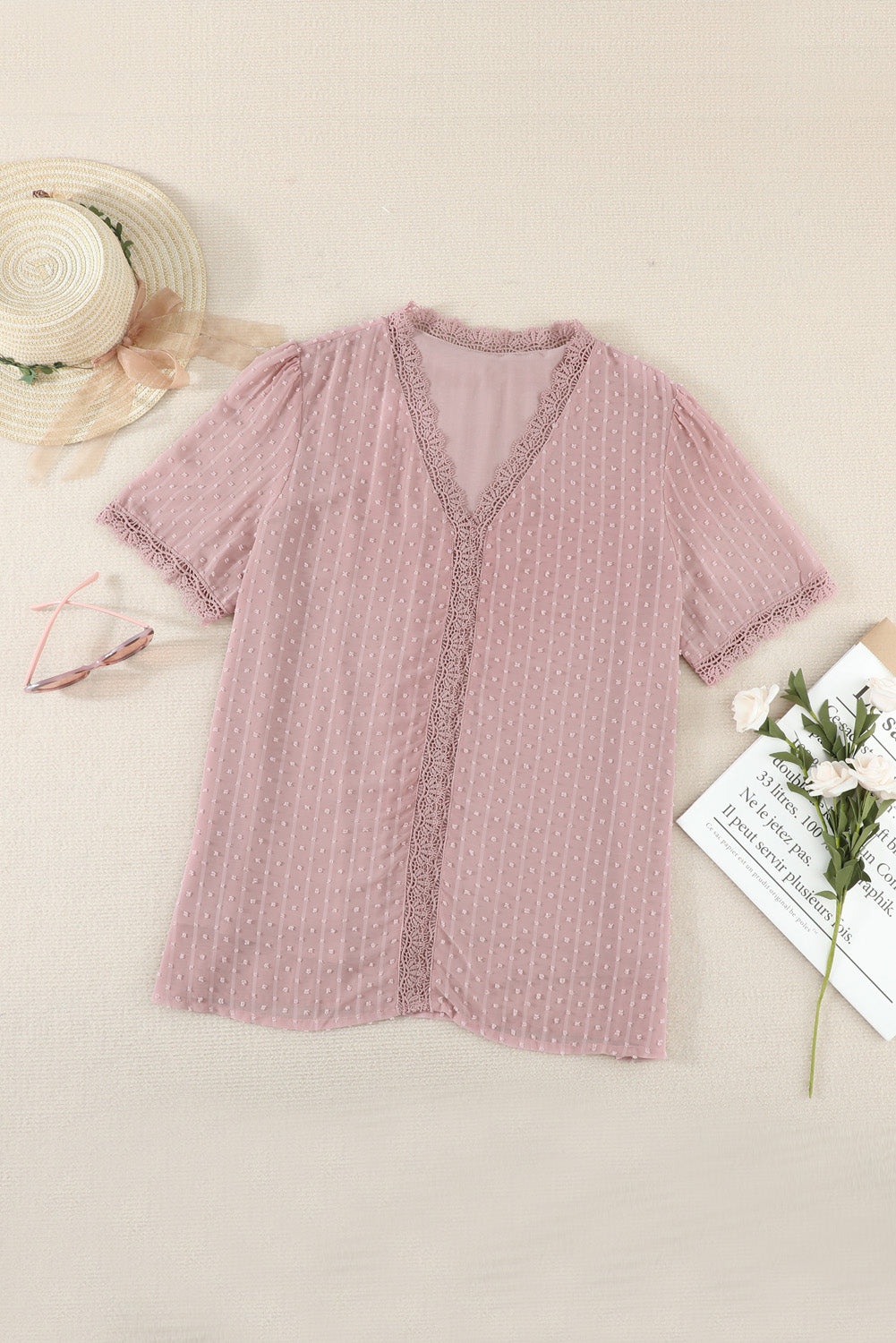 Swiss Dot Lace Trim Plunge Blouse  Shirts & Tops- Doll Fits