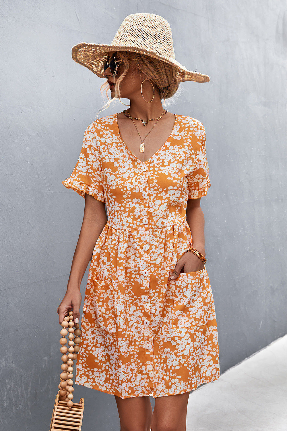 Printed Button down Pocketed Dress  Dresses- Doll Fits
