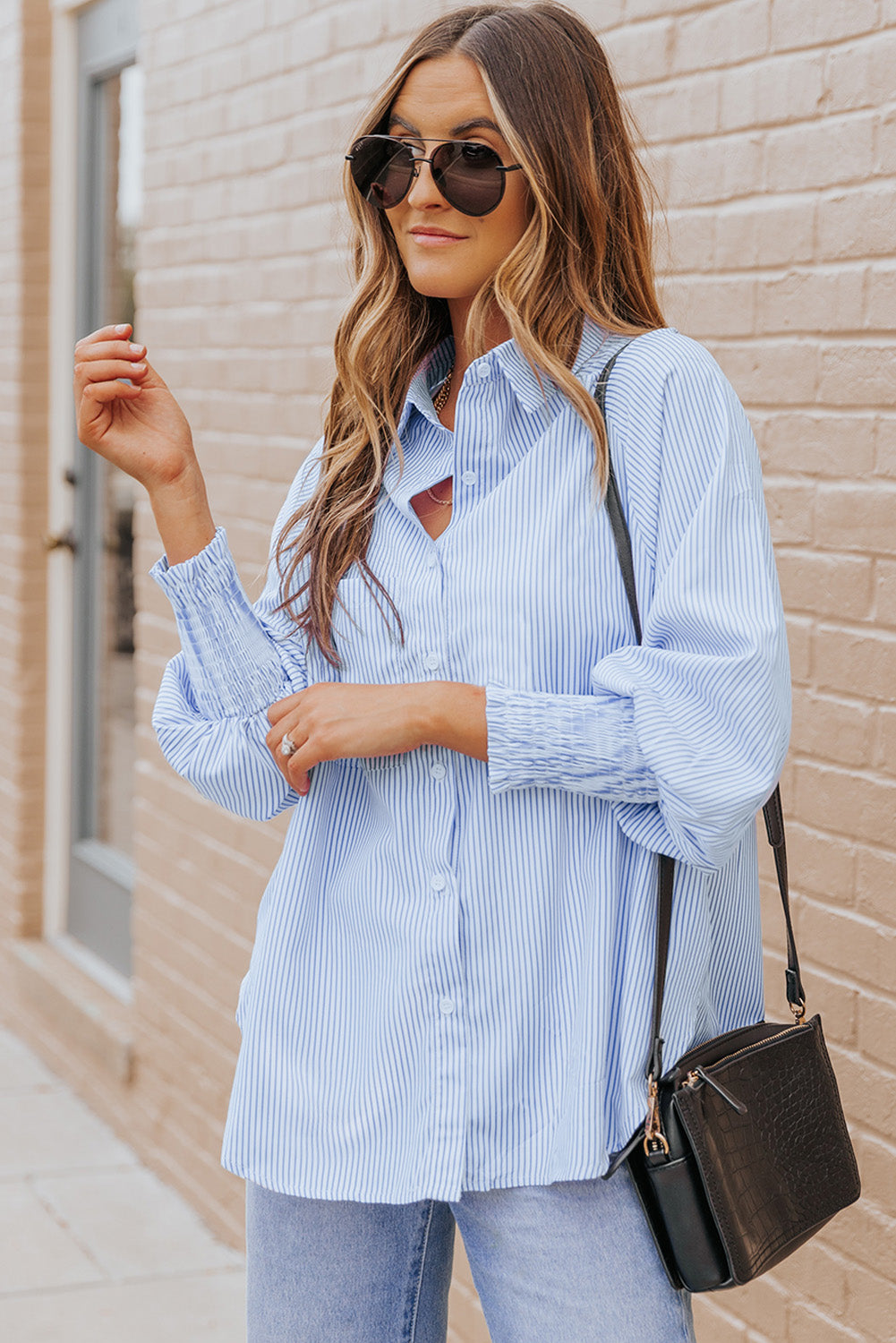 Striped Lantern Sleeve Collared Shirt  Shirts & Tops- Doll Fits