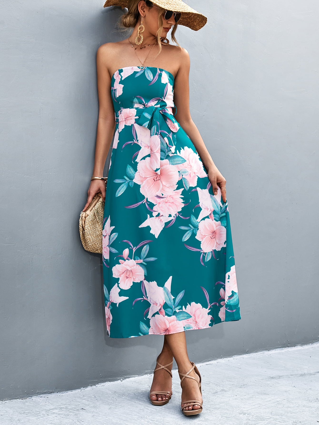 Floral Print Tie Waist Straight Neck Midi Dress  Dresses- Doll Fits