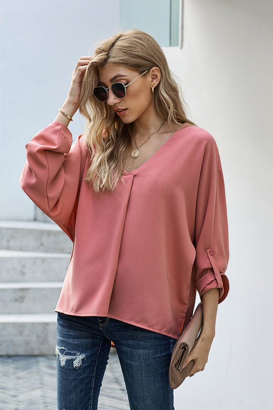 V-Neck Roll-Tab Sleeve Blouse  Shirts & Tops- Doll Fits