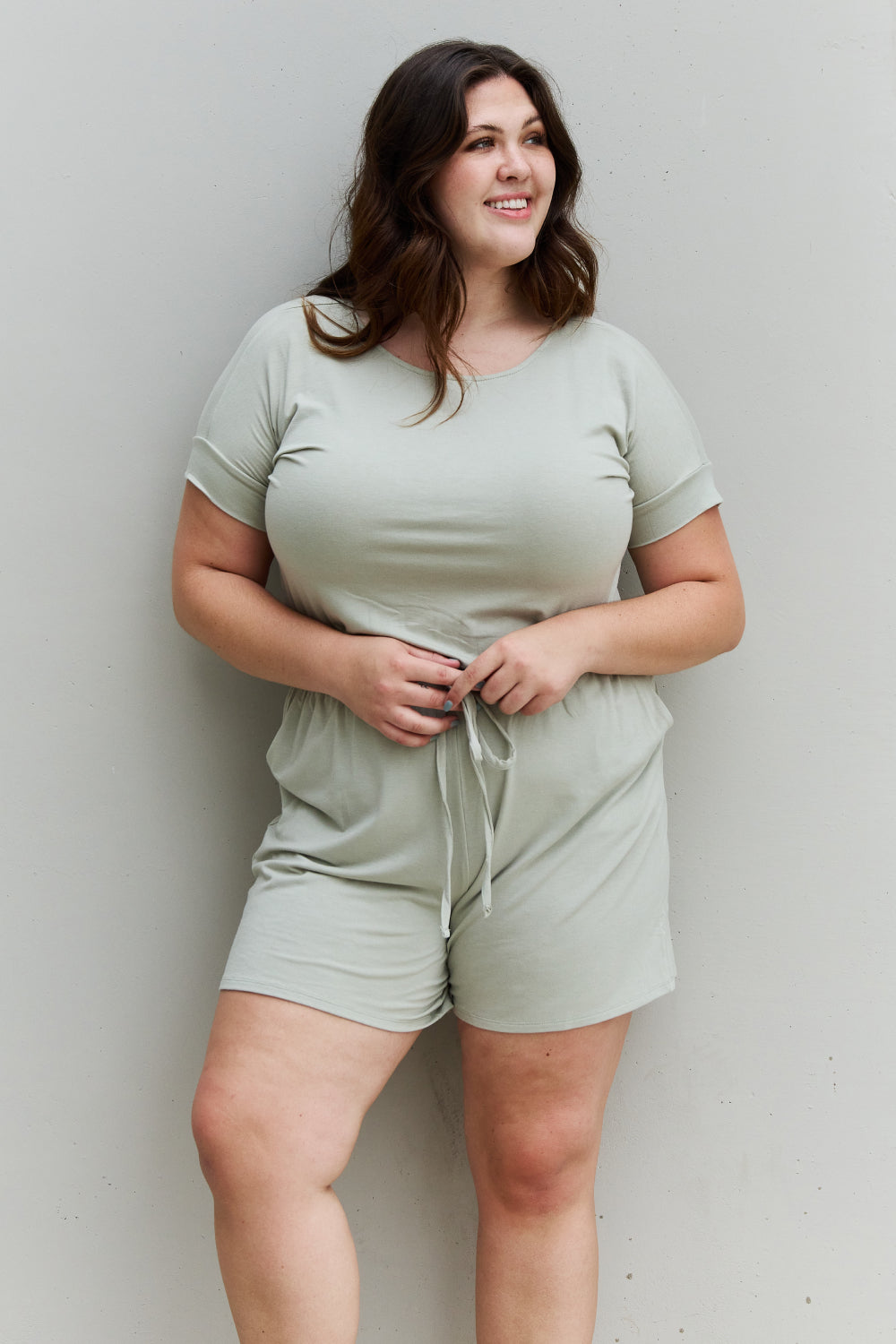 Zenana Chilled Out Full Size Short Sleeve Romper in Light Sage  Jumpsuits & Rompers- Doll Fits