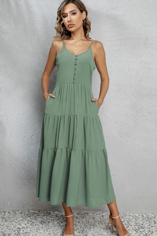 V-Neck Sleeveless Spaghetti Straps Midi Dress  Dresses- Doll Fits