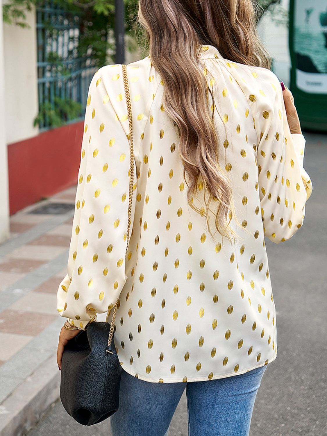Mock Neck Cutout Lantern Sleeve Blouse  - Doll Fits