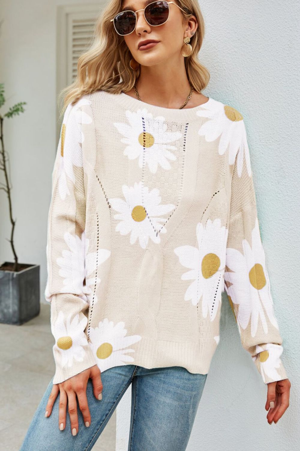 Daisy Print Openwork Round Neck Sweater  Shirts & Tops- Doll Fits
