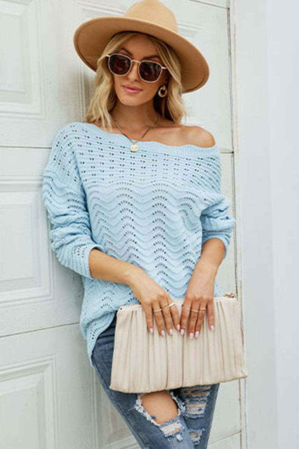 Scalloped Boat Neck Openwork Tunic Sweater  Shirts & Tops- Doll Fits