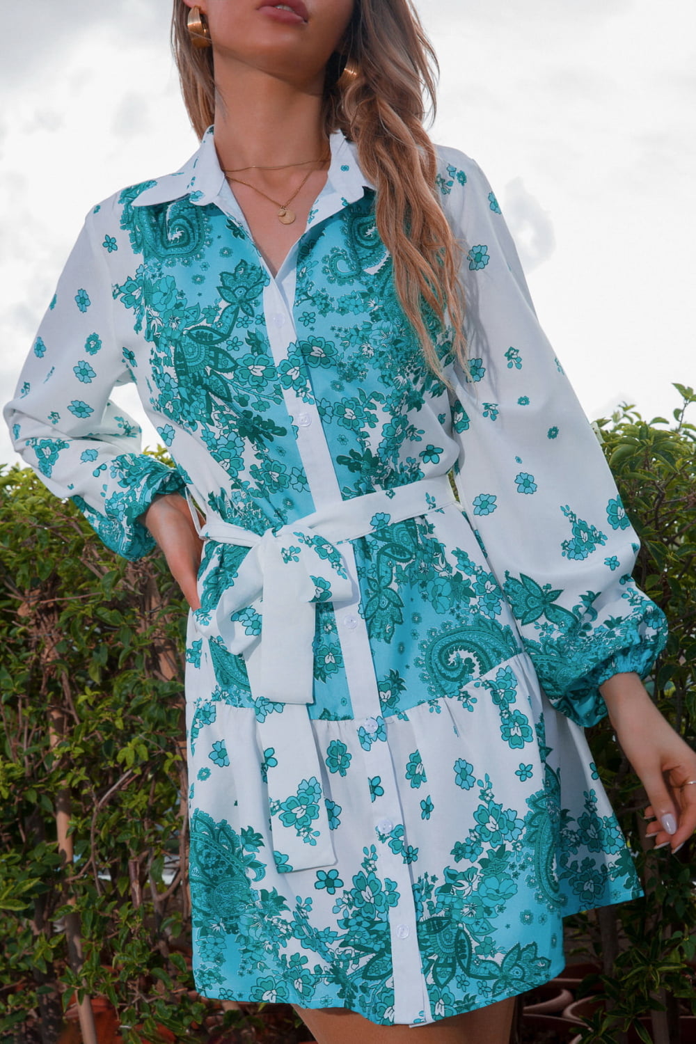 Collared Neck Tie Waist Shirt Dress  Dresses- Doll Fits
