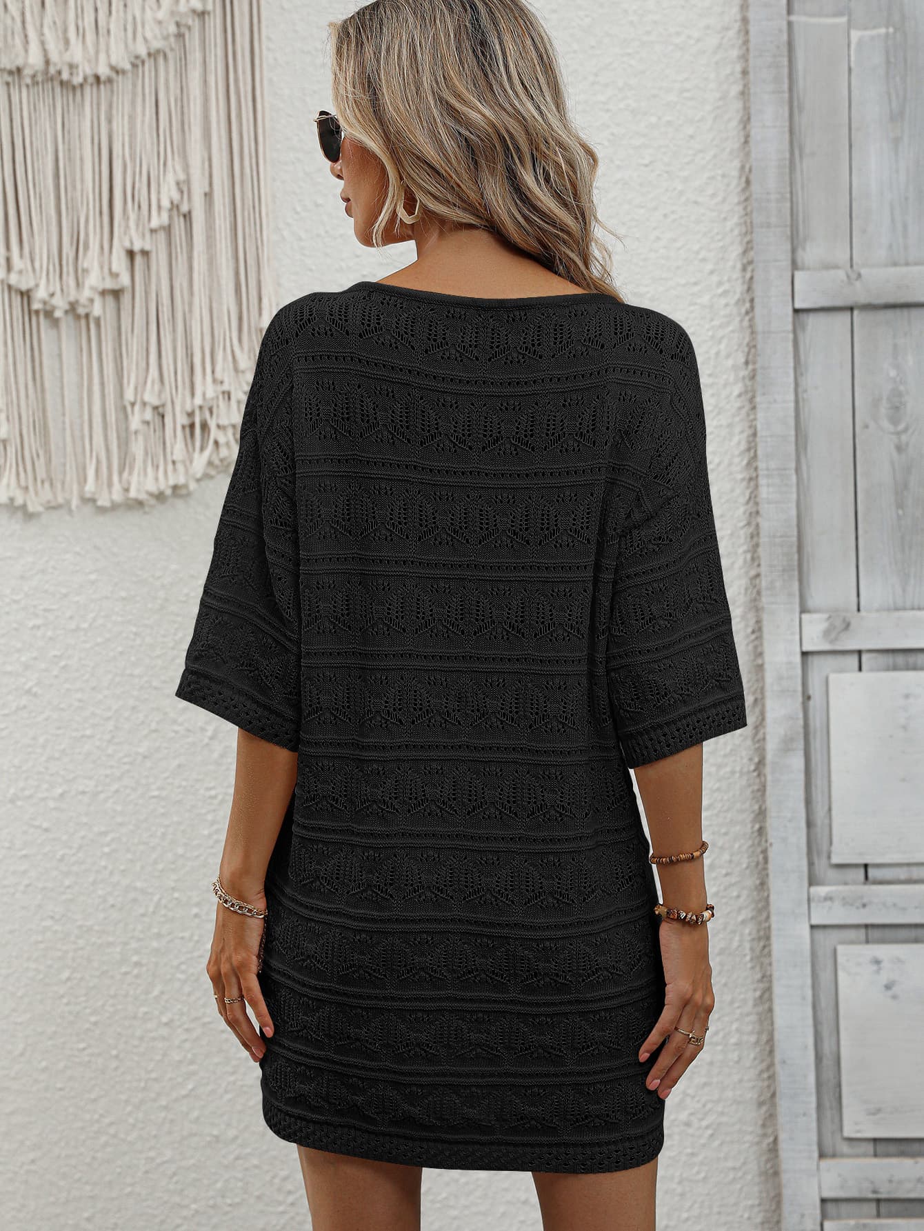 Openwork V-Neck Mini Knit Dress  Dresses- Doll Fits