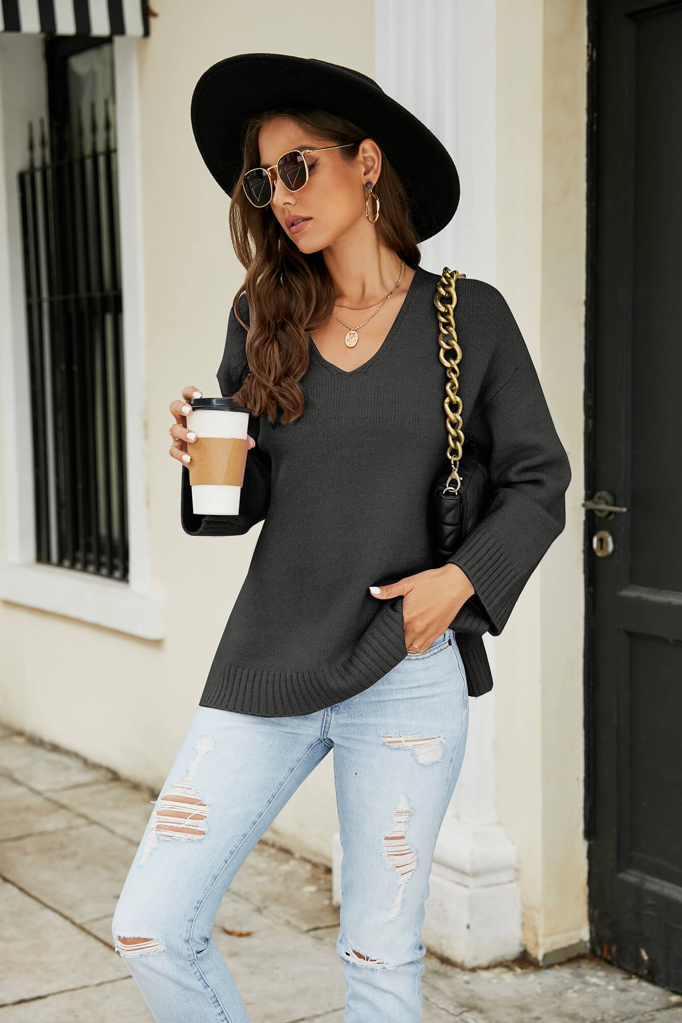 Drop Shoulder V-Neck Knit Pullover  Shirts & Tops- Doll Fits