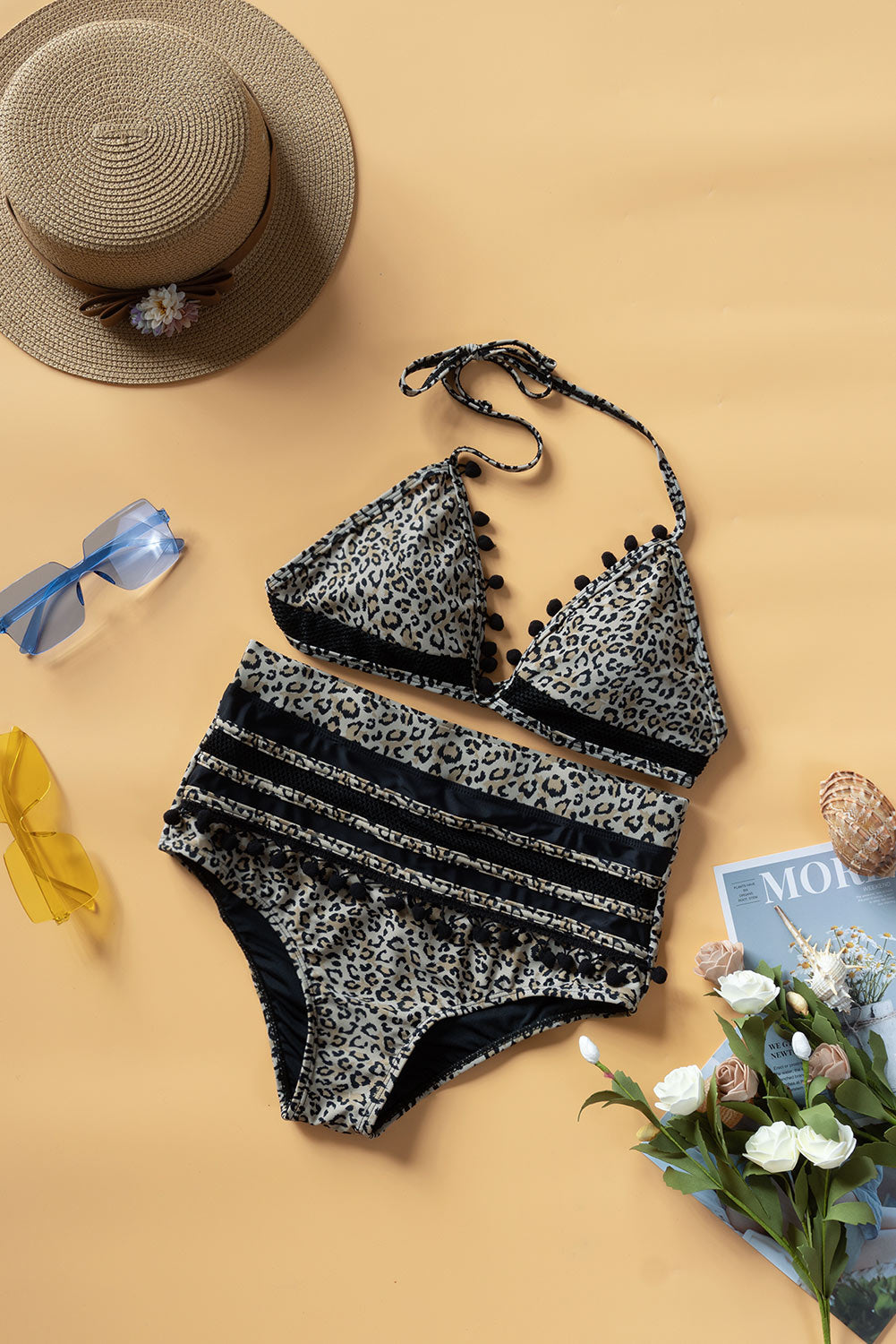 Printed Pompom Detail Halter Neck Two-Piece Bikini Set  Swimwear- Doll Fits
