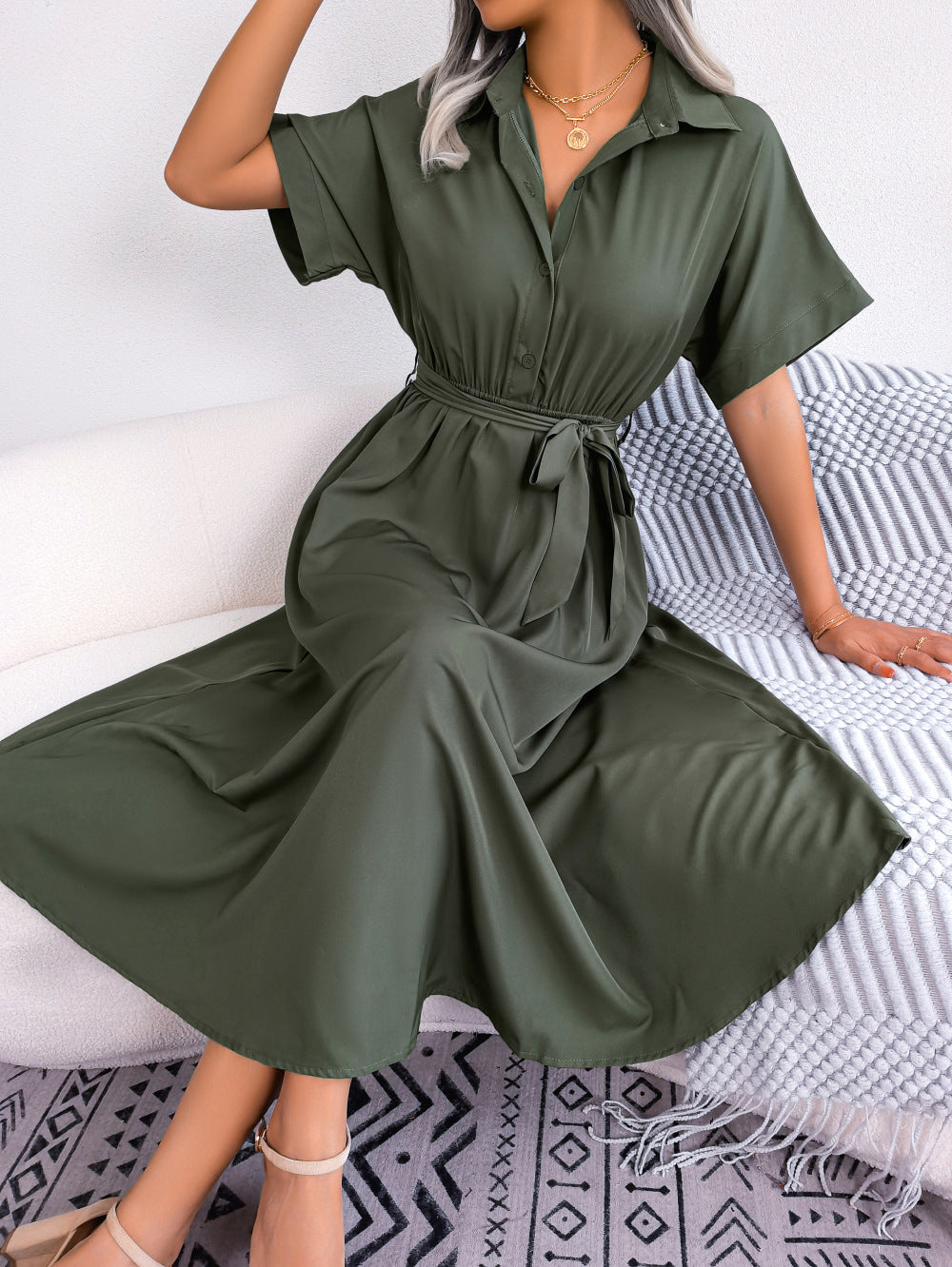 Short Sleeve Collared Tie Belt Dress  Dresses- Doll Fits