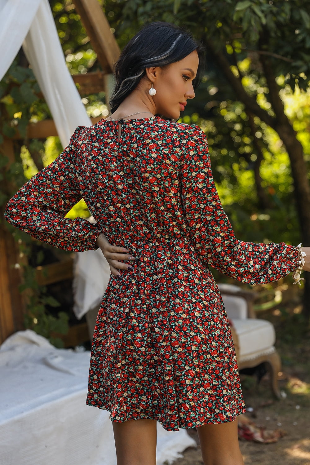 Printed Round Neck Long Sleeve Mini Dress  Dresses- Doll Fits