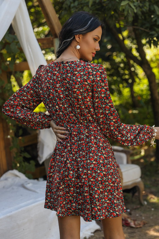 Printed Round Neck Long Sleeve Mini Dress  Dresses- Doll Fits