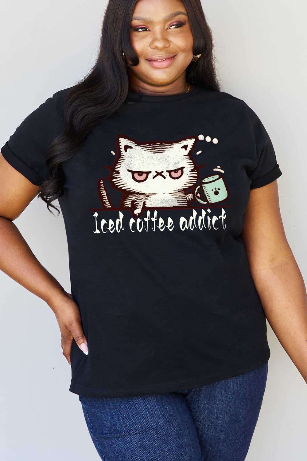 Simply Love Full Size ICED COFFEE ADDICT Graphic Cotton Tee  Shirts & Tops- Doll Fits