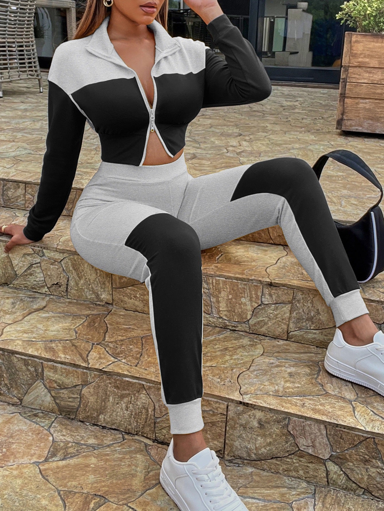 Two-Tone Collared Neck Top and Joggers Set  Outfit Sets- Doll Fits