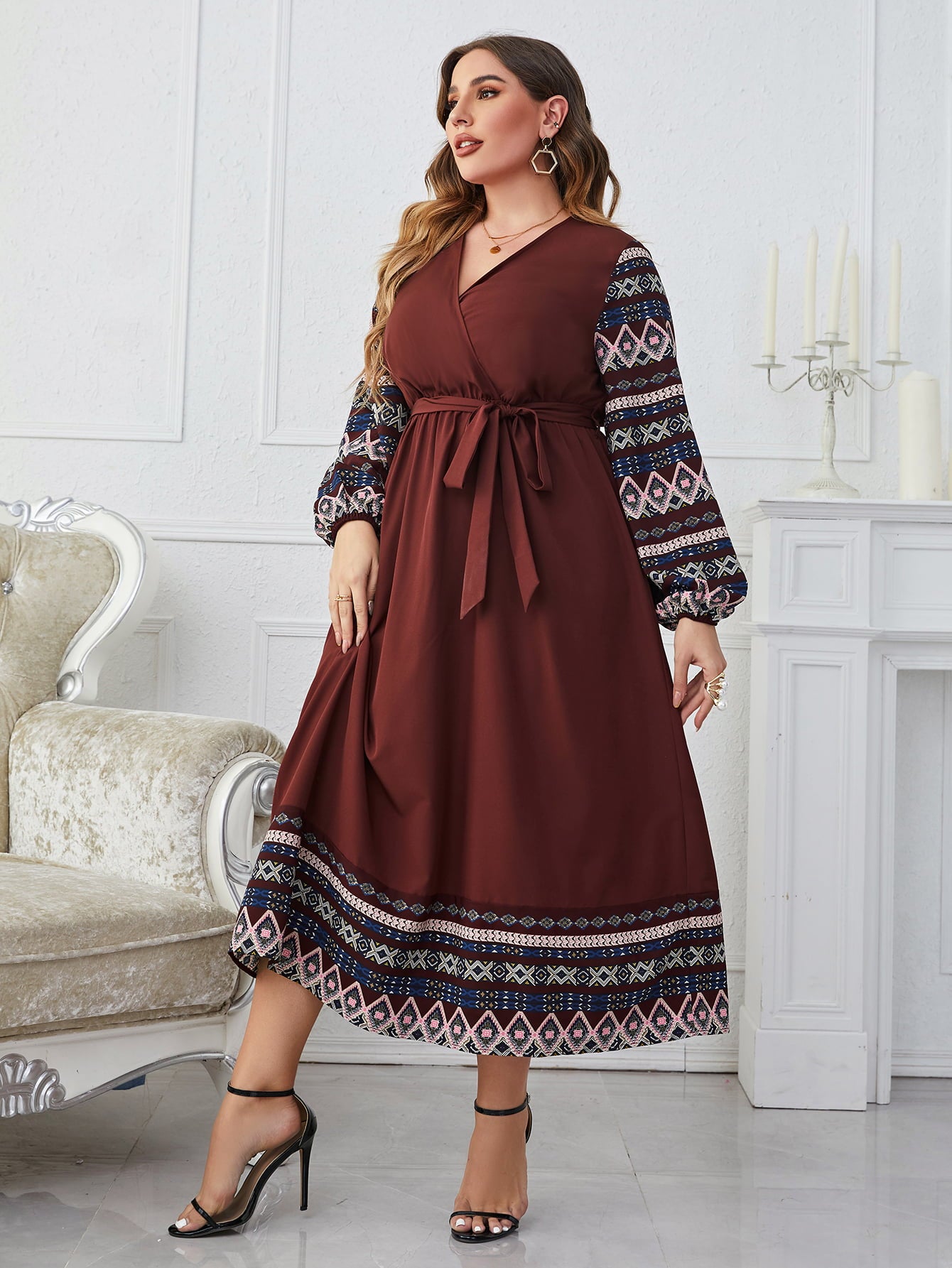 Melo Apparel Plus Size Surplice Neck Tie Belt Balloon Sleeve Dress  Dresses- Doll Fits