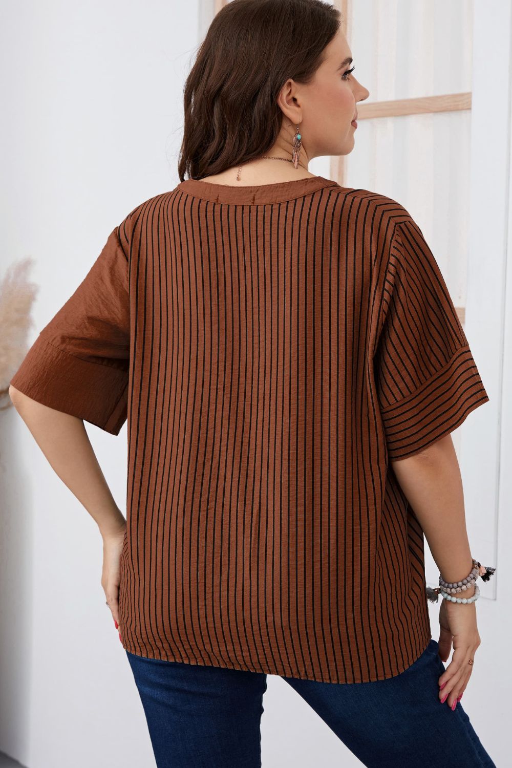 Plus Size Striped Notched Neck Half Sleeve Top  Shirts & Tops- Doll Fits