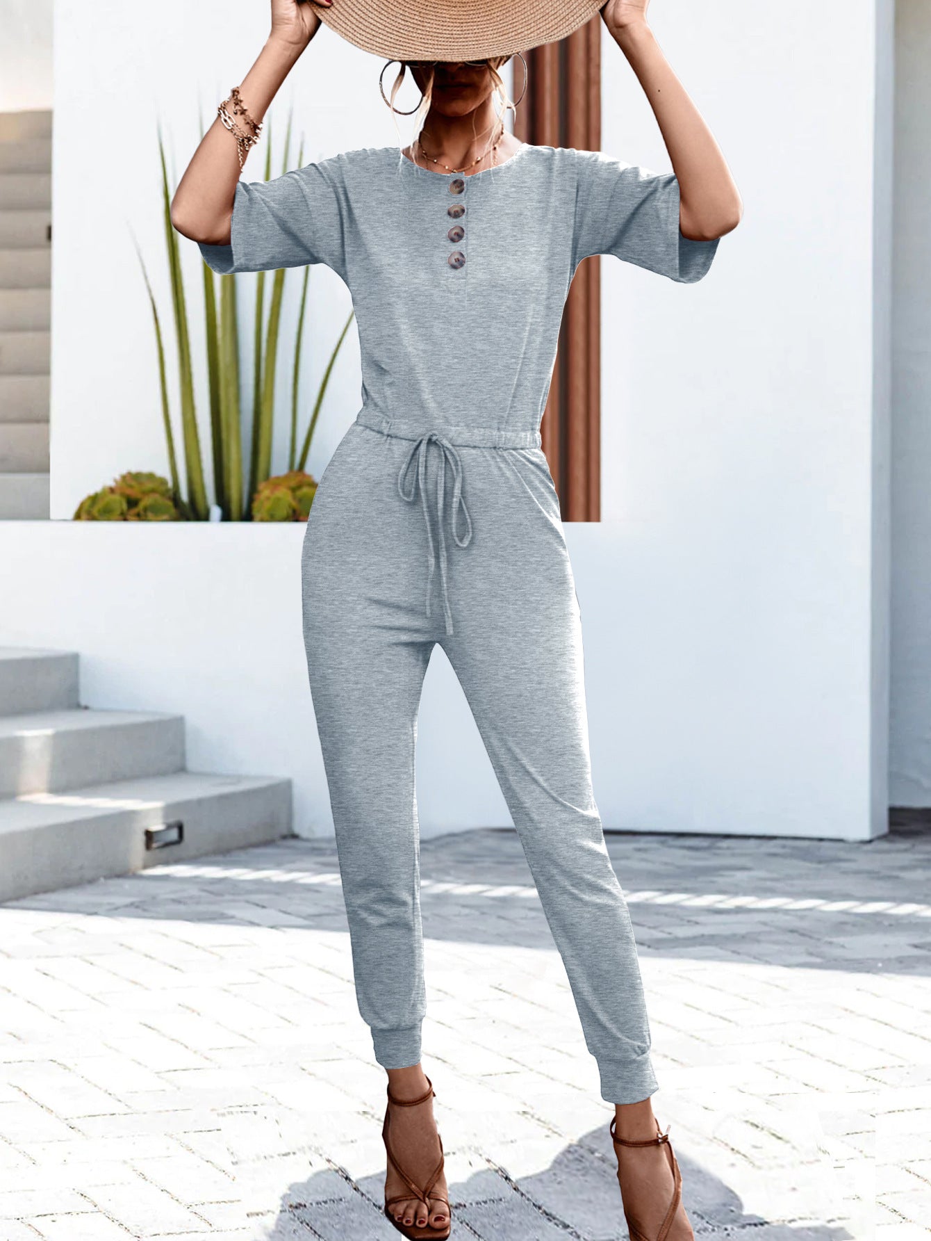 Buttoned Half Sleeve Round Neck Jumpsuit  Jumpsuits & Rompers- Doll Fits