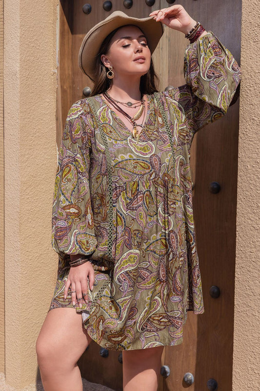 Plus Size Printed V-Neck Long Sleeve Midi Dress  Dresses- Doll Fits