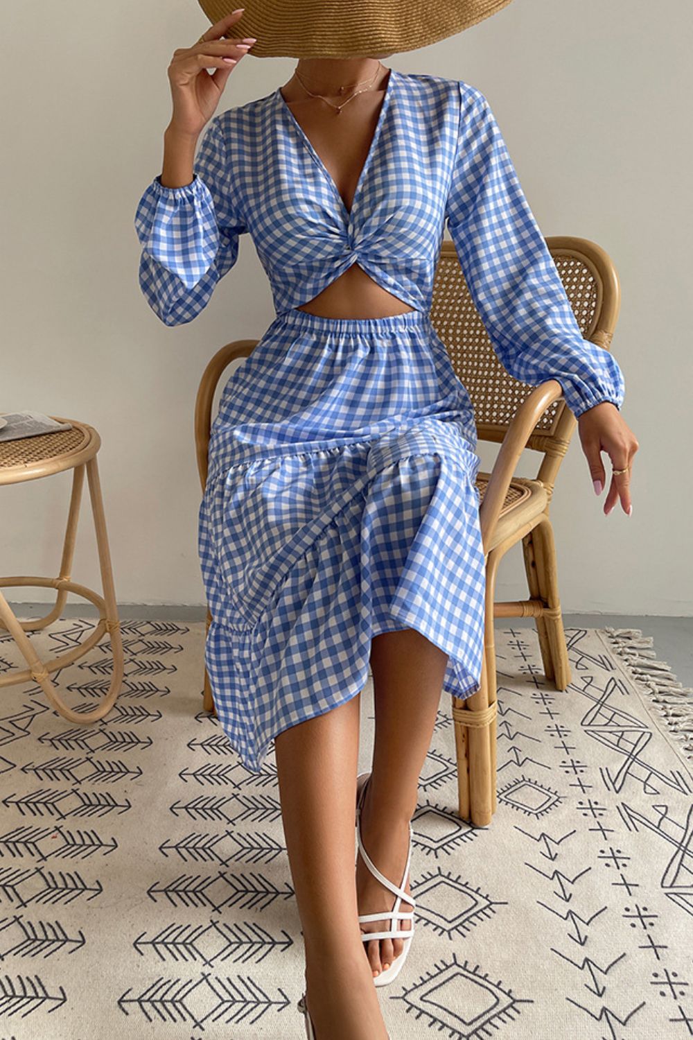 Plaid Cutout Twist Front Midi Dress  Dresses- Doll Fits