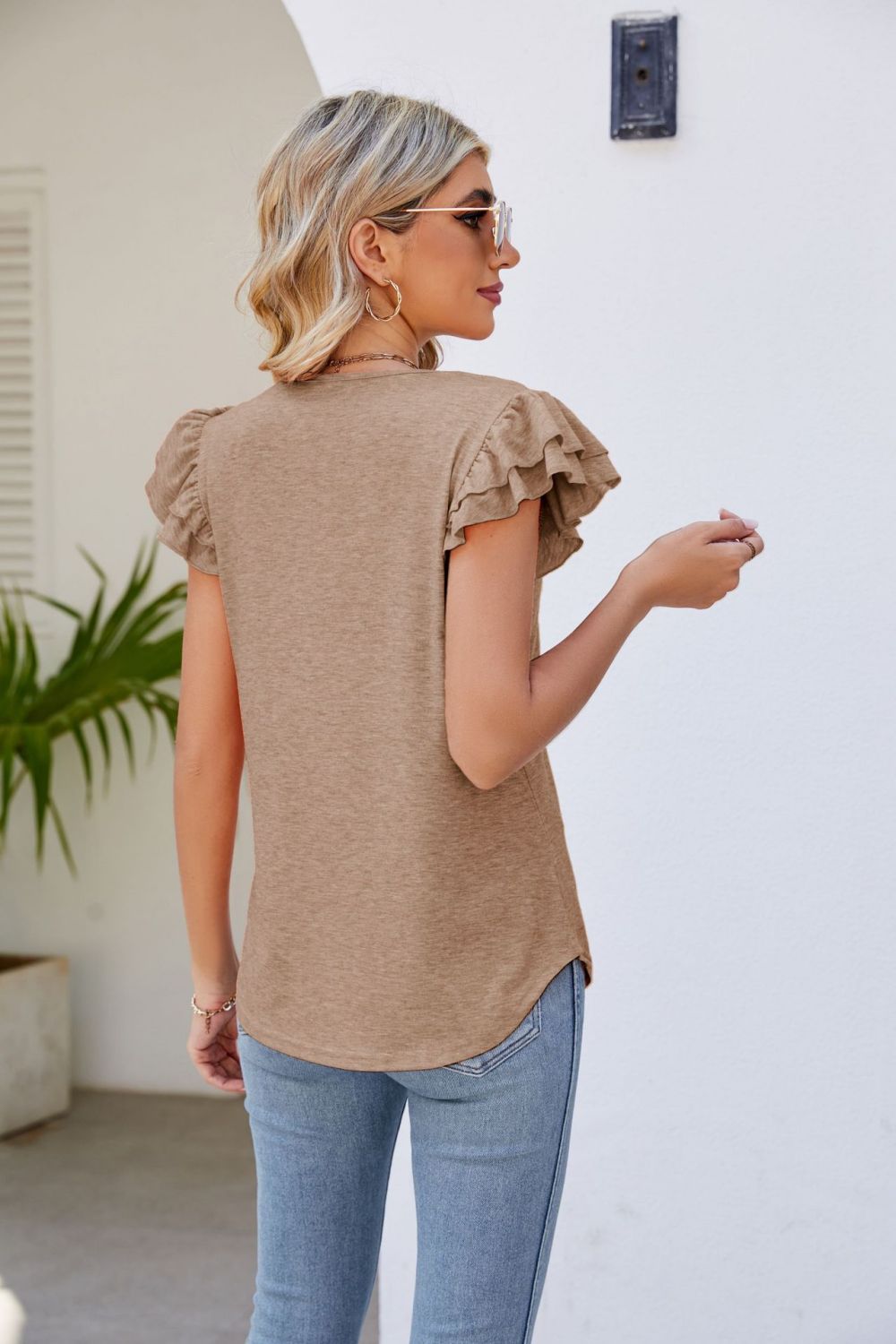 Smocked Flutter Sleeve V-Neck Top  Shirts & Tops- Doll Fits