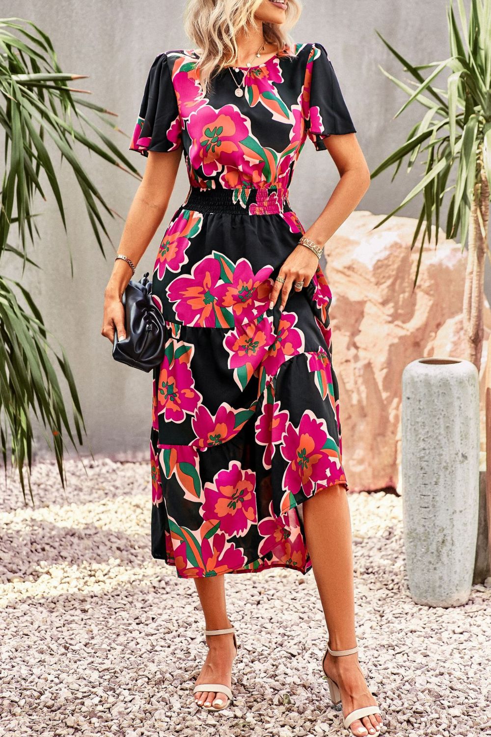 Floral Puff Sleeve Tiered Midi Dress  Dresses- Doll Fits