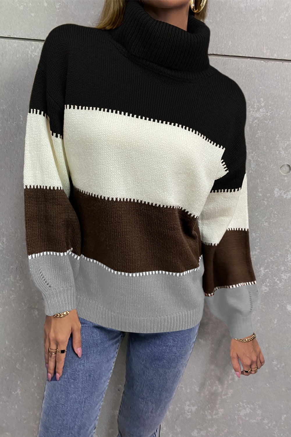 Color Block Lantern Sleeve Turtleneck Sweater  Shirts & Tops- Doll Fits