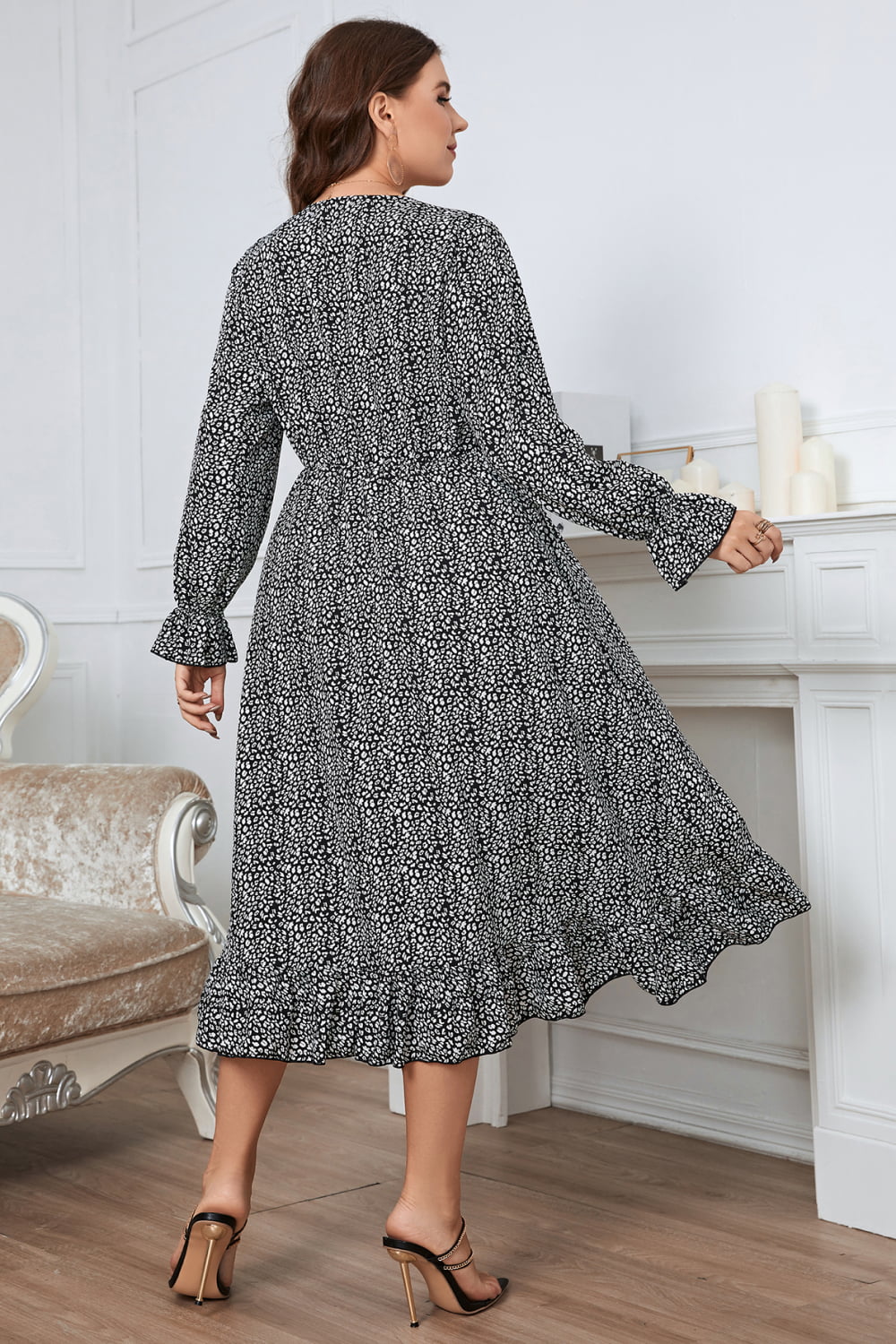 Melo Apparel Plus Size Printed V-Neck Flounce Sleeve Midi Dress  Dresses- Doll Fits