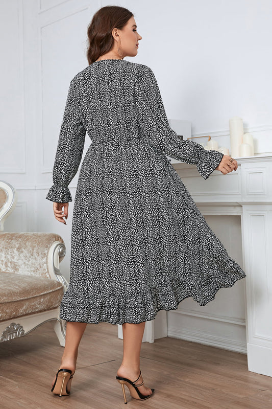 Melo Apparel Plus Size Printed V-Neck Flounce Sleeve Midi Dress  Dresses- Doll Fits