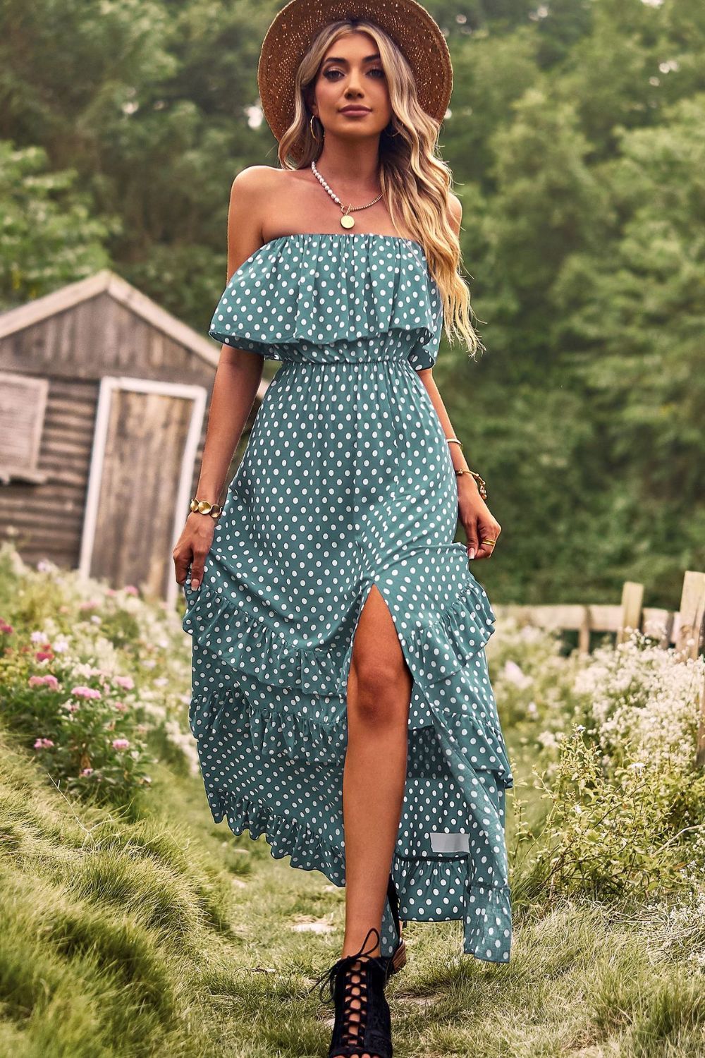 Polka Dot Strapless Slit Ruffled Maxi Dress  Dresses- Doll Fits