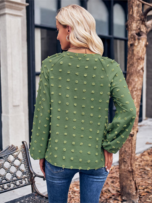 Swiss Dot Notched Neck Long Sleeve Blouse  - Doll Fits