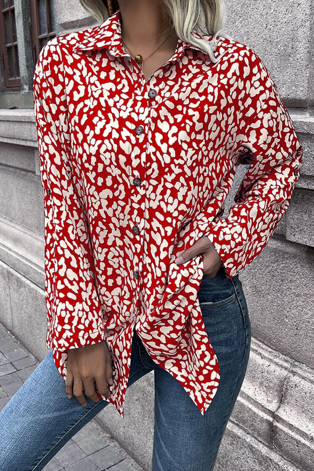 Double Take Leopard Roll-Tap Sleeve Shirt  - Doll Fits