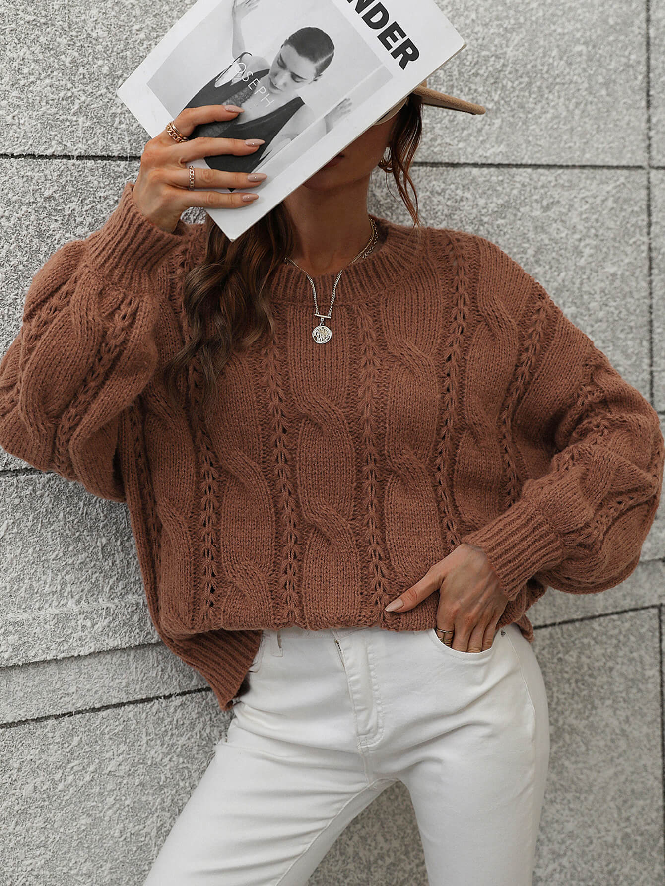Cable-Knit Openwork Round Neck Sweater  Shirts & Tops- Doll Fits