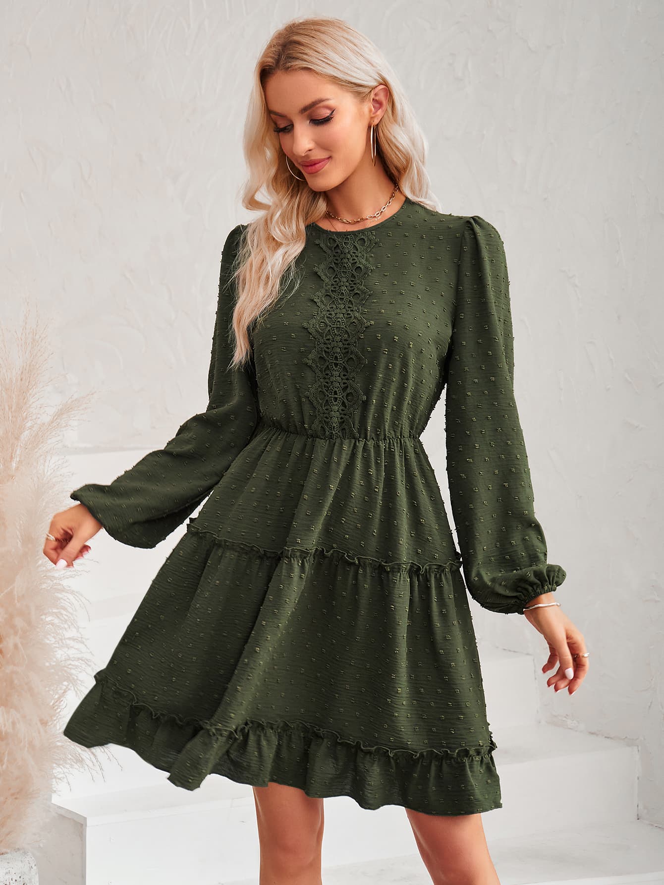Swiss Dot Lace Trim Balloon Sleeve Dress  Dresses- Doll Fits