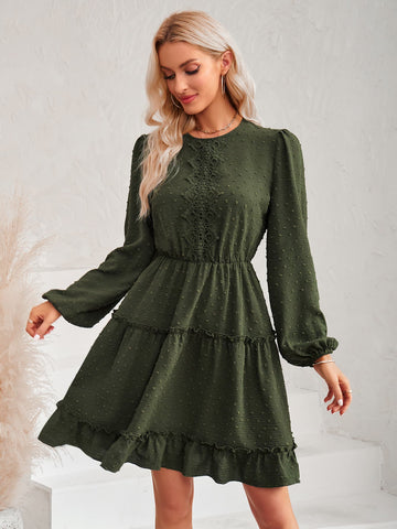 Swiss Dot Lace Trim Balloon Sleeve Dress  Dresses- Doll Fits