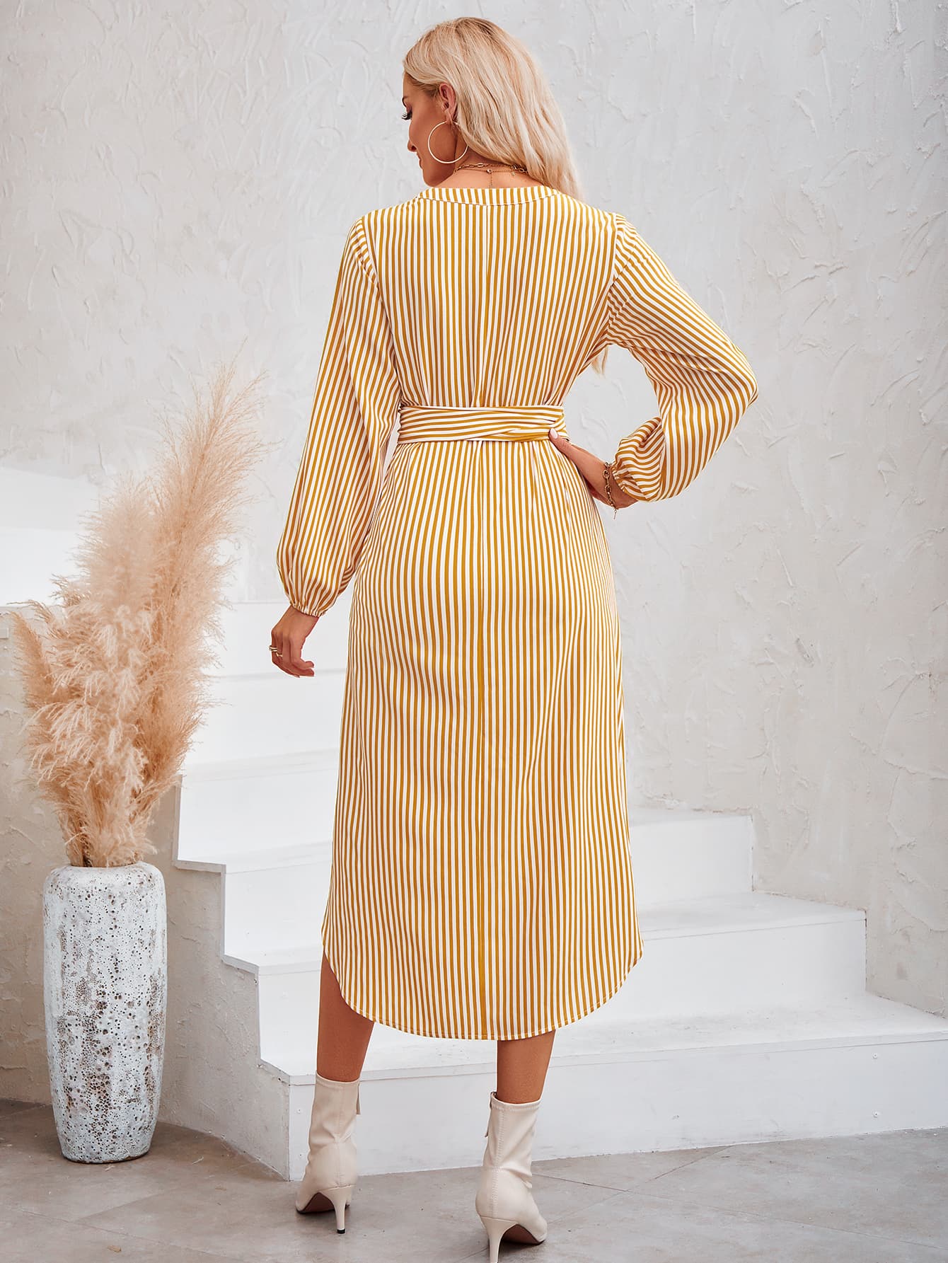 Striped Notched Neck Curved Hem Long Sleeve Dress  Dresses- Doll Fits