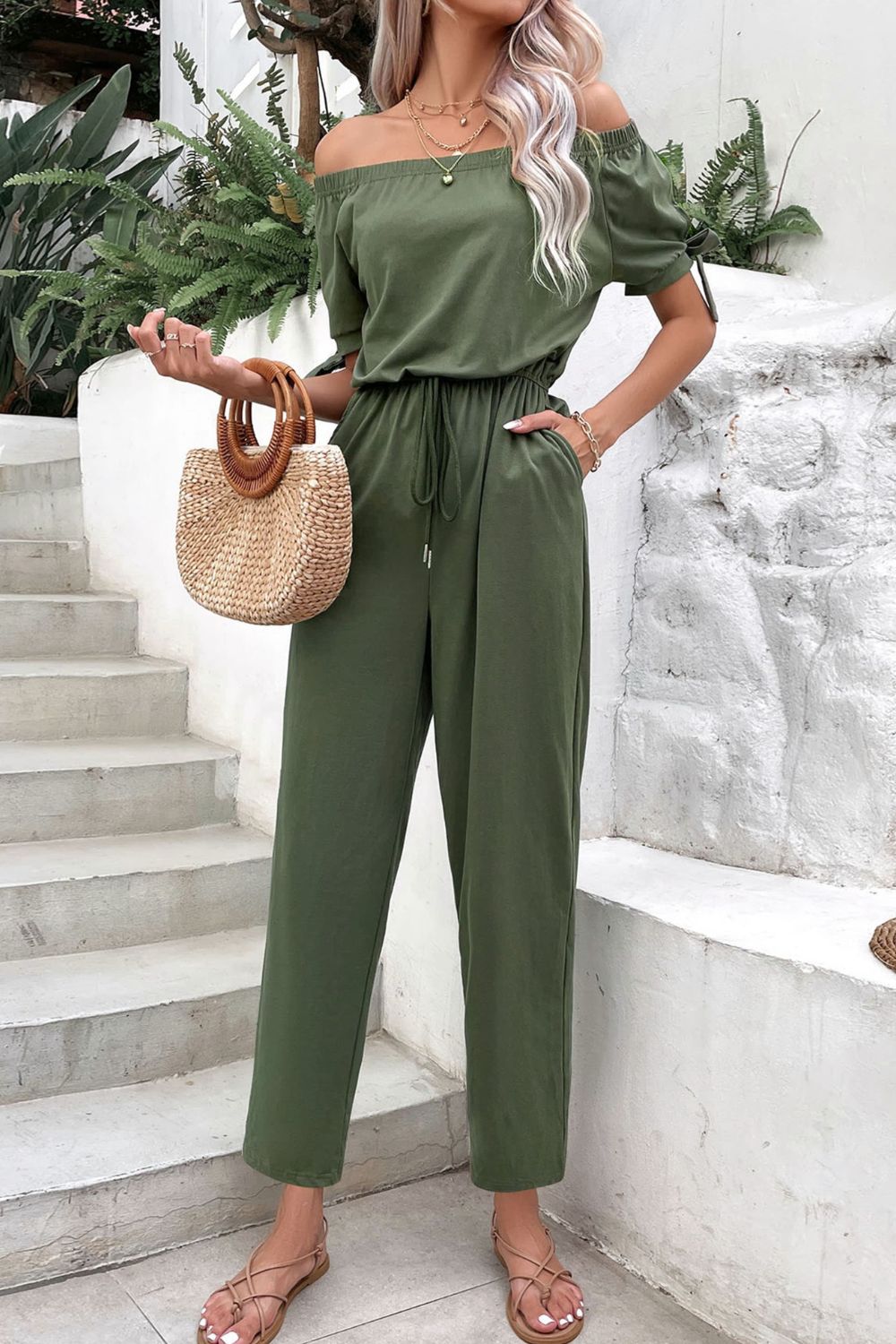 Off-Shoulder Tie Cuff Jumpsuit with Pockets  Jumpsuits & Rompers- Doll Fits