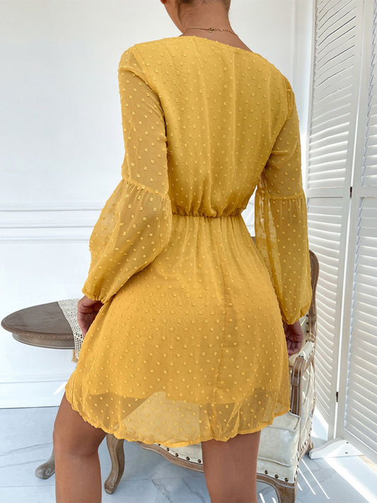 V-Neck Balloon Sleeve Swiss Dot Mini Dress  Dresses- Doll Fits