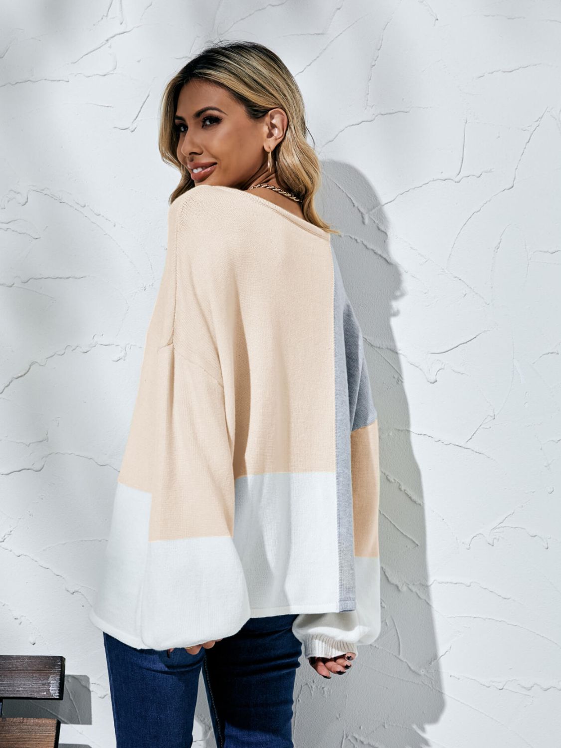 Color Block Balloon Sleeve Boat Neck Sweater  Shirts & Tops- Doll Fits